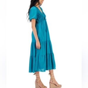 Taylor V-Neck  Smocked Tiered Boho Teal Tassel Midi Dress Sz Large